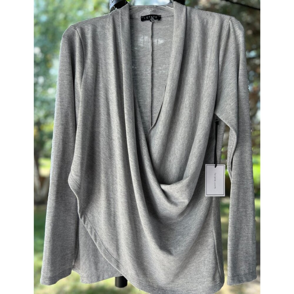 NEW 1STATE Cross Front Womens L V-Neck Long Sleeve Gray Knit Top Draping Stretch